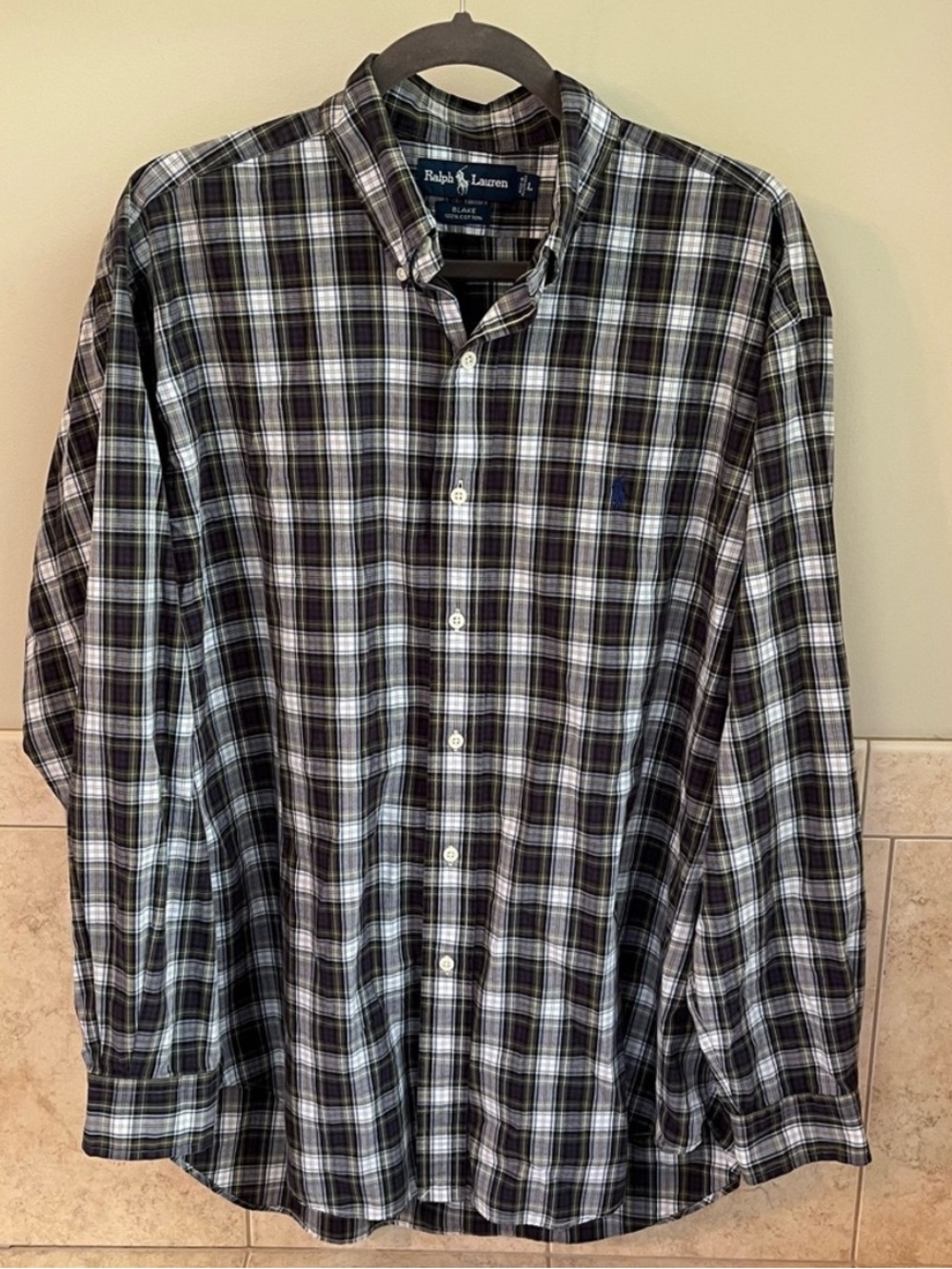 Ralph Lauren Blake Shirt Large Vintage 90s Plaid Cotton Button Down Blue Green